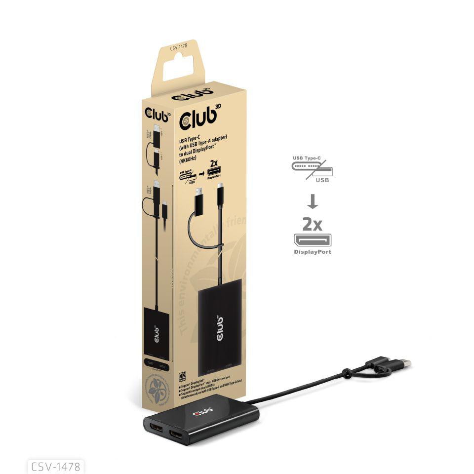 Club3D Club 3D USB Typ-C (mit USB Typ-A Adapter) auf dualen DisplayPort (4K60Hz) Video Splitter schwarz CSV-1478