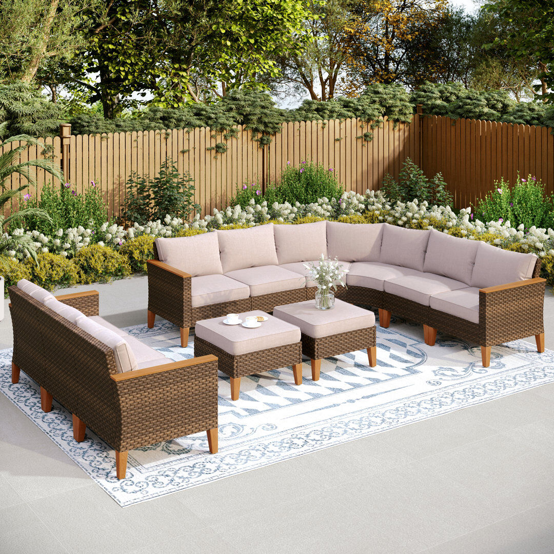 Blue Elephant All Weather Wicker/Rattan 11 - Person Seating Group with Cushions Beige 11