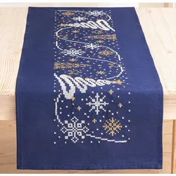 Stickläufer "Weihnachtsdorf dunkelblau/gold"