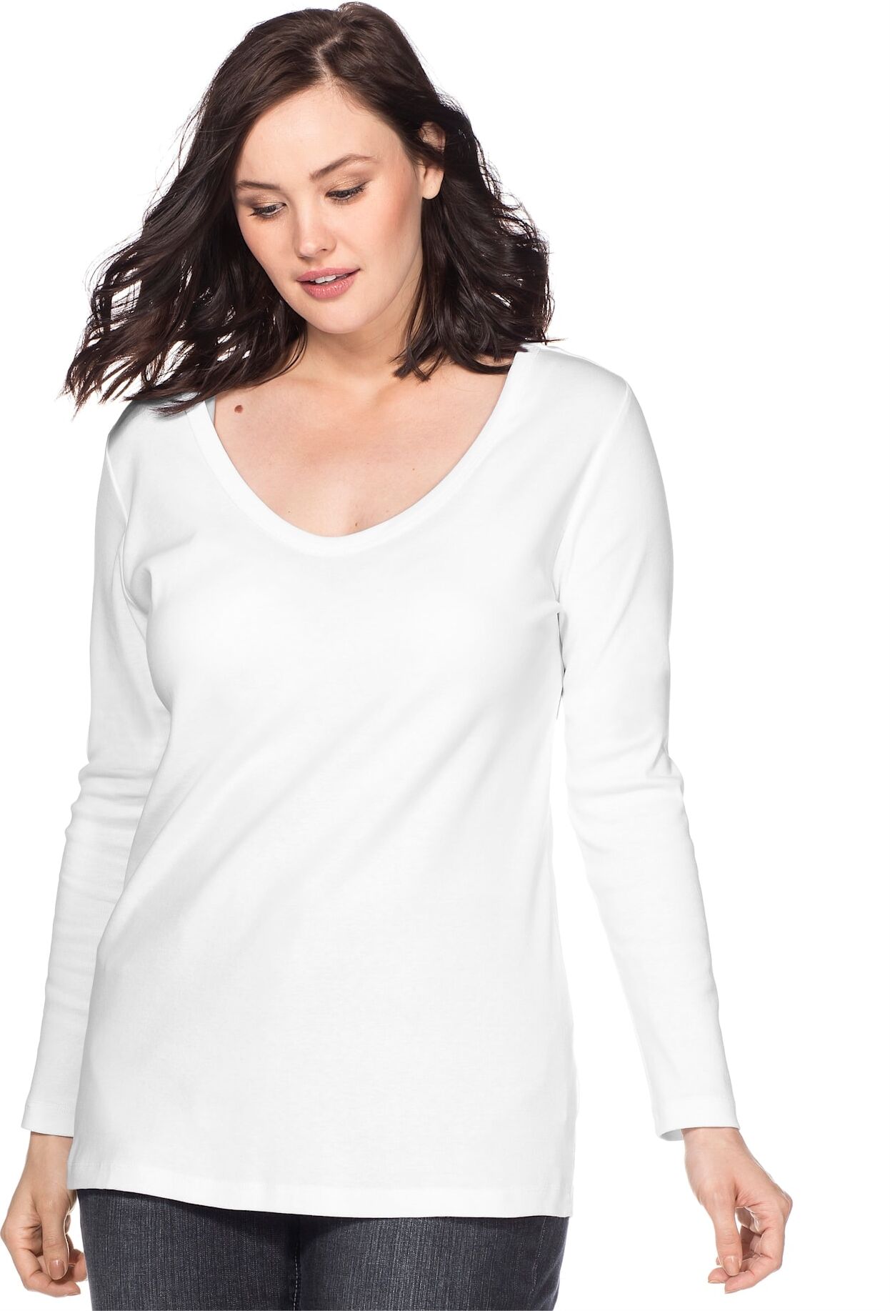 Langarmshirt SHEEGO "Langarmshirt", Damen, Gr. 48/50, weiss (weiß), 100% Baumwolle, unifarben, Rundhals, Shirts Langarmshirt weiß 48/50