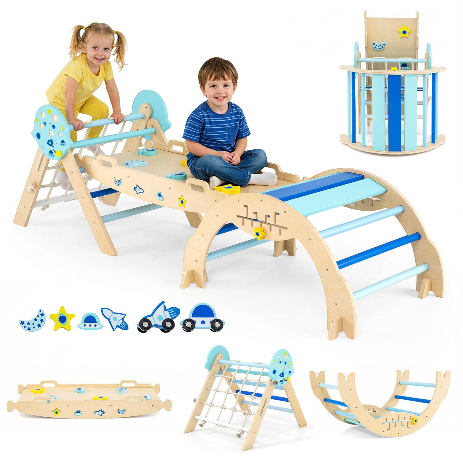 Costway Driehoekige klimset Montessori houten speeltoestel met boog, hellingbaan, klimwand en labyrintspel