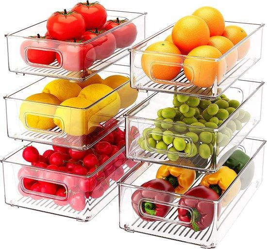 Unyqoos 6-delige koelkastorganizer set, transparante en stapelbare opbergboxen van BPA-vrij plastic, 3 formaten