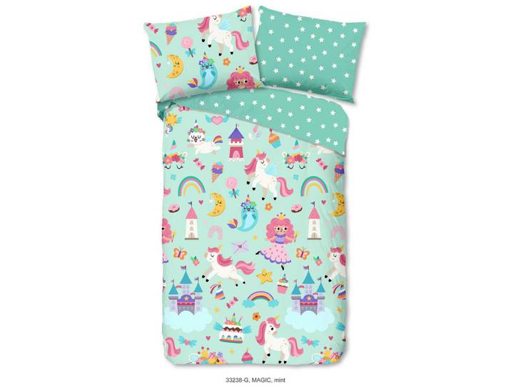 Kinderbettwäsche Good Morning, Mintgrün, Einhorn, 140x200 cm, Oeko-Tex® Standard 100, BCI (Better Cotton Initiative), atmungsaktiv, Heimtextilien, Bettwäsche & Leintücher, Kinderbettwäsche