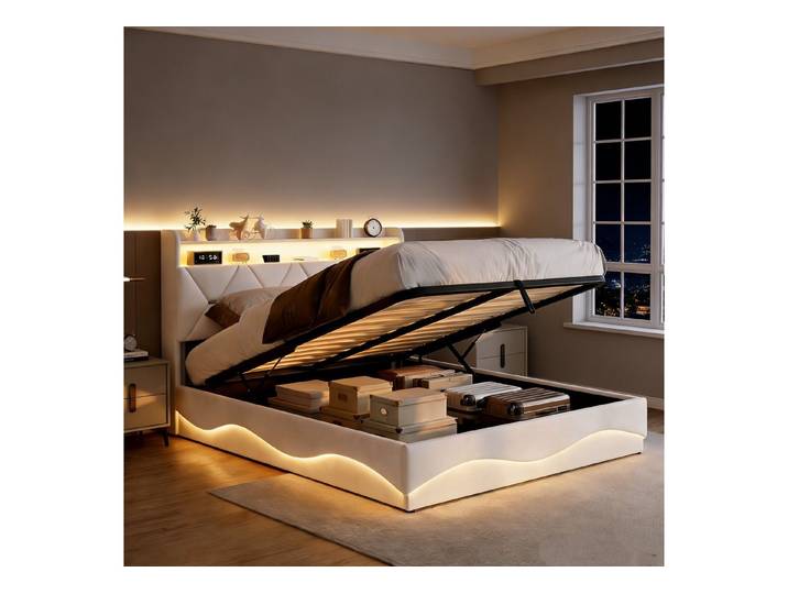 PXloue Polsterbett LED Doppelbett, Bettkasten, Ladefunktion, Samt, 160x200 cm