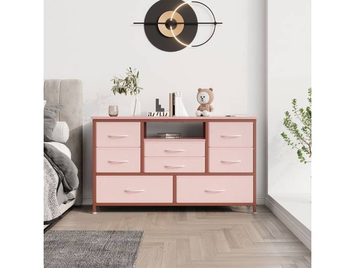 Meuble TV 8 tiroirs prises USB LED RGB cadre métal TV 55 pouces pour chambre salon Rose