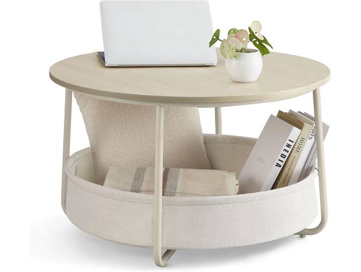 Runder Couchtisch mit Stoffkorb und Metallrahmen Beige