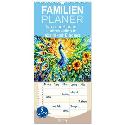Familienplaner 2026 - Tanz der Pfauen - Jahreszeiten in abstrakter Eleganz mit 5 Spalten (Wandkalender, 21 x 45 cm) CALVENDO