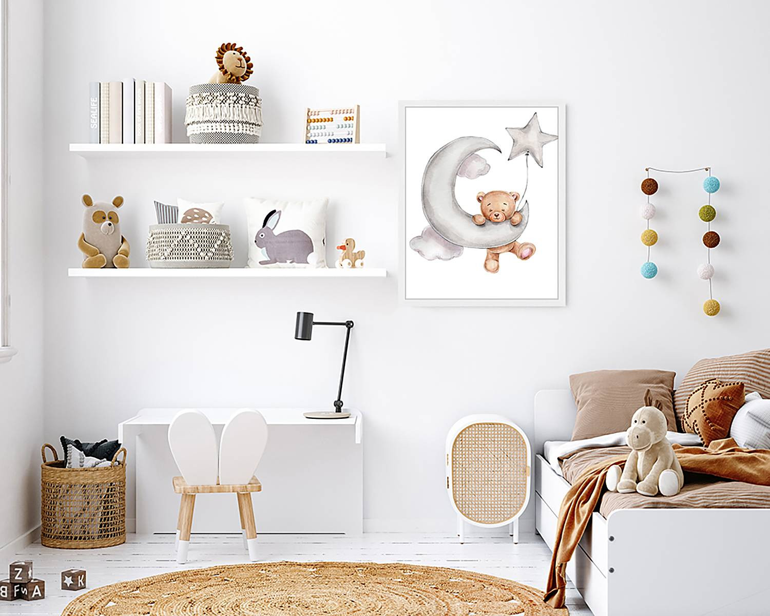 home24 Cute Bear Upon The Moon wanddecoratie, meerdere kleuren, 43 x 53 cm
