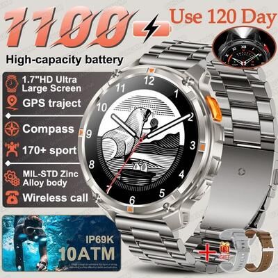 Inspired Finds T Rex3 Pro Military GPS Smartwatch 1100mAh Battery Compass Outdoor Rugged Watch silver Steel