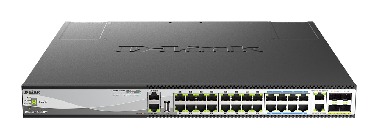D-Link DMS-3130-30PS/E 30-Port Layer 3 Stackable Multi-Gigabit Managed PoE Switch Series
