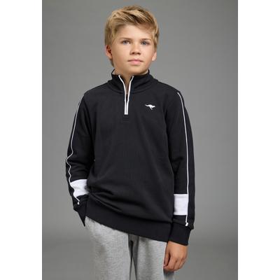 Sweatshirt KANGAROOS "Troyer-Sweatshirt mit kontrastfarbigen Einsatz und KangaROOS Stickerei", Jungen, Gr. 176/182, schwarz-weiß (schwarz), Sweatware, Obermaterial: 100% Baumwolle, bedruckt, Basic hüftbedeckend, Rippbündchen, Sweatshirts Sweatshirt,...