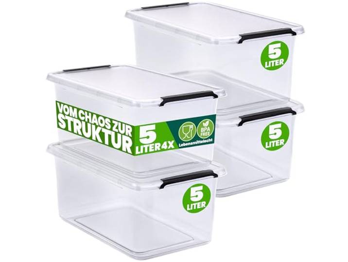 DEUBA® 4x Stapelbare Opbergdoos Met Deksel 5l 29,5x20x12cm Transparant Plastic Voedselveilig BPA-vrij Stapelbak