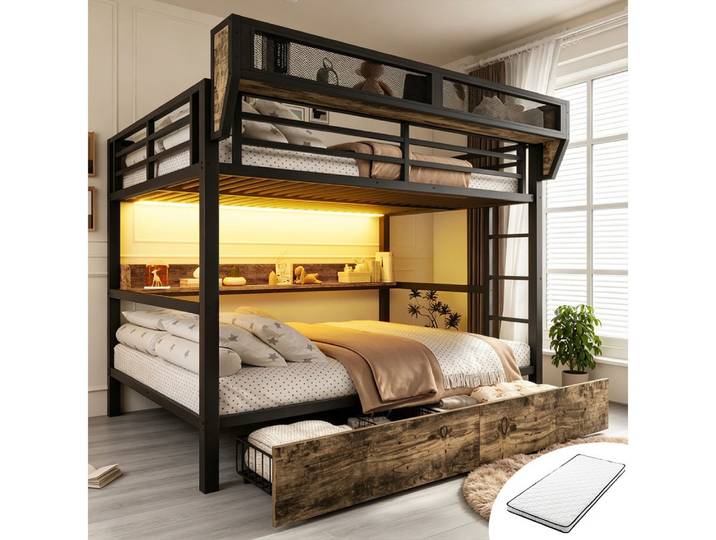 OKWISH Etagenbett Stauraumbett Kinderbett (mit Aufbewahrungskorb, Kinderbett Metallbett, Jugendbett 90x200 cm), Inklusive Matratze