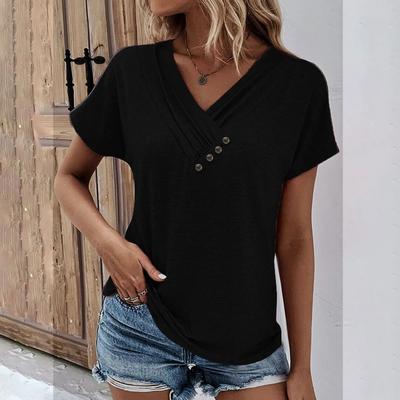 Uplifted Finds Womens Oversized V Neck Short Sleeve Solid Cotton Linen Tee l black