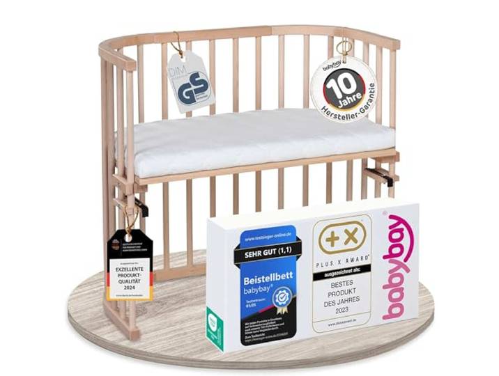 babybay Original Beistellbett aus massivem Buchenholz / kompakt & verwandelbar / Kinderbett Höhe stufenlos verstellbar & umweltfreundlich / mitwachsendes Babybett (natur unbehandelt) / inkl. Matratze