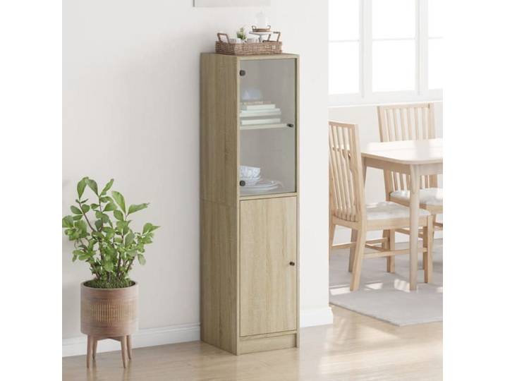 Buffet avec porte en verre - - Chêne sonoma - 35x37x142 cm - Quatre compartiments - Capacité 60 kg - Porte vitrée