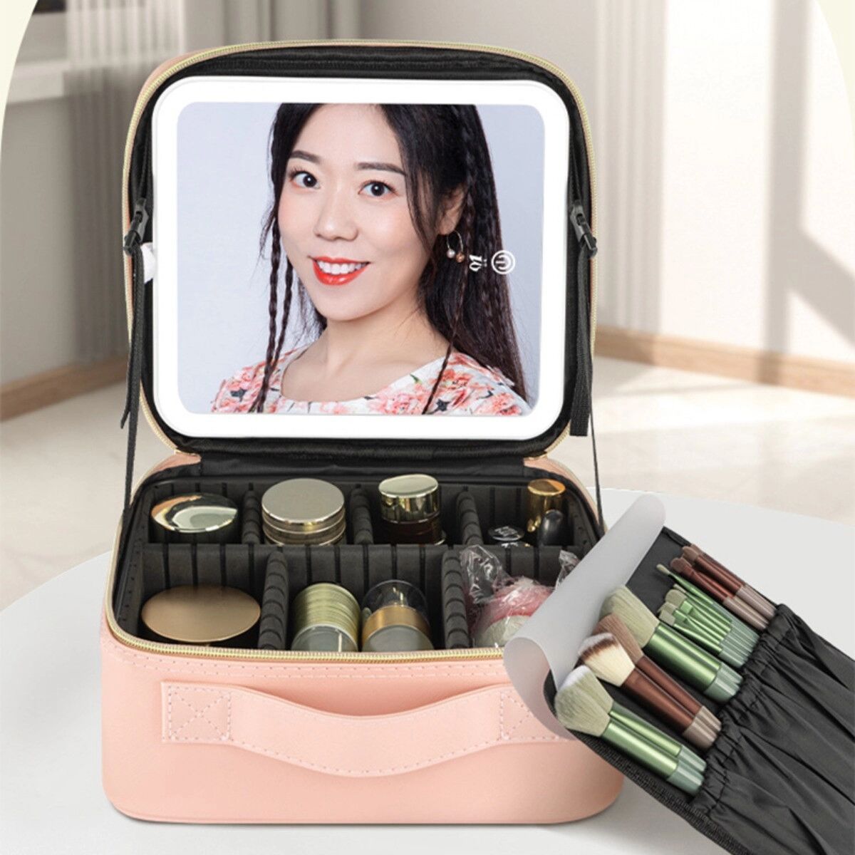 INF Wiederaufladbare LED-Reise-Make-up-Tasche mit abnehmbarem Spiegel, Touch-Bedienfeld und verstellbaren Trennwänden Rosa