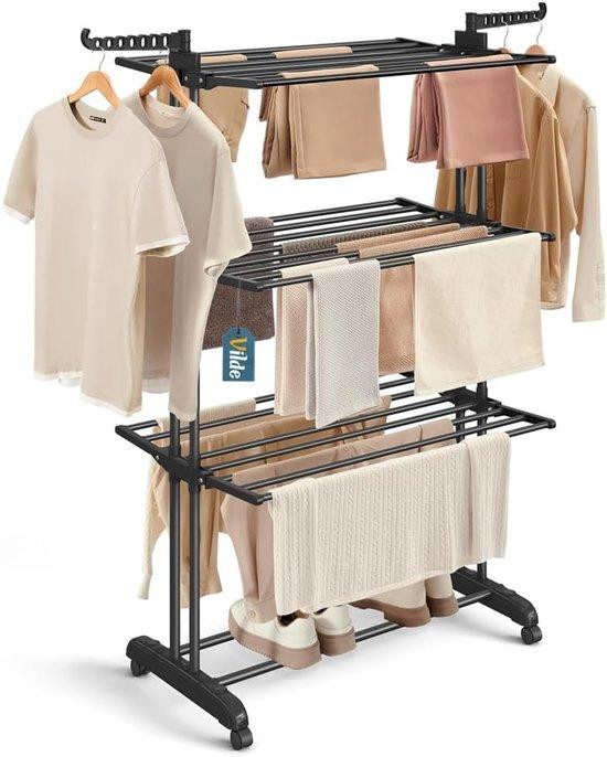 Vilde Droogrek met Wielen - Wasrek met Drie Niveaus - Zwart - 125 x 170 cm