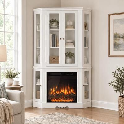 Timechee "76.9"" Corner Tempered Glass Display Cabinet,Electric Fireplace Curio Cabinet,Side Display Storage"