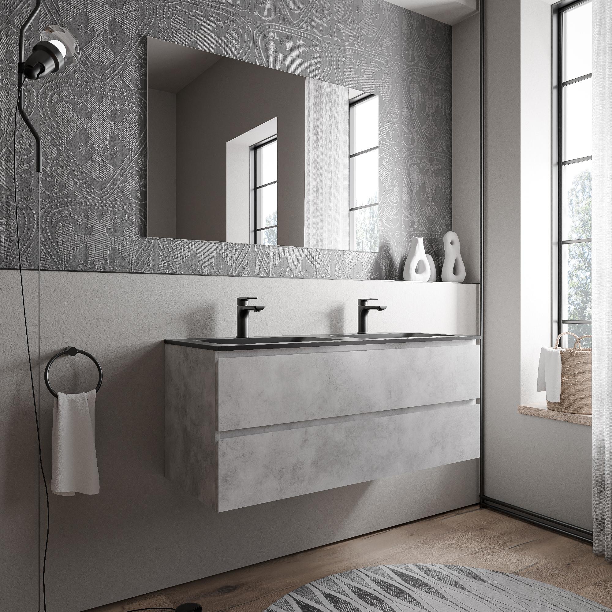 Unterschrank AVA 120 cm mit Mineralguss Waschbecken CREAM - Farbe wählbar, Auswahl Waschbecken:Schwarz matt mit Hahnloch, Farbe Badmöbel:Beton