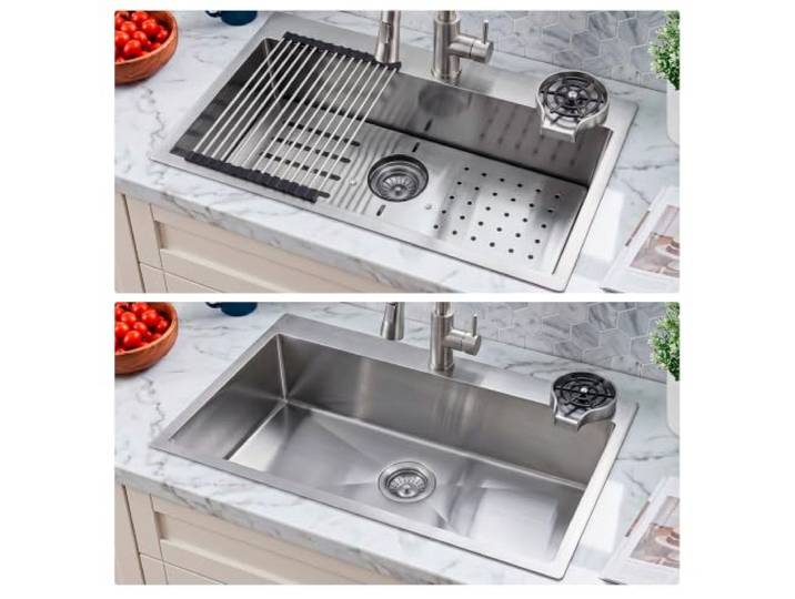 Spülbecken 304 Edelstahl, Silber Einbauspüle 80x50cm, Topmount Kleine Spüle mit ausziehbarem Wasserhahn, Glasspüler, Abtropfrost und Auftaubrett