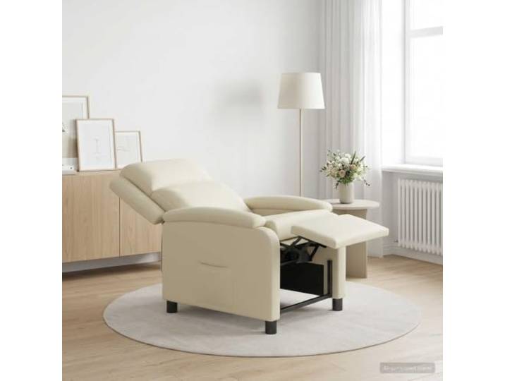 Relaxsessel Creme Kunstleder mit Neigungsfunktion 115°-160° Metall- und Holzgestell,schwarze Kunststoffbeine,feuchtes Tuch zur Reinigung,modernes Design