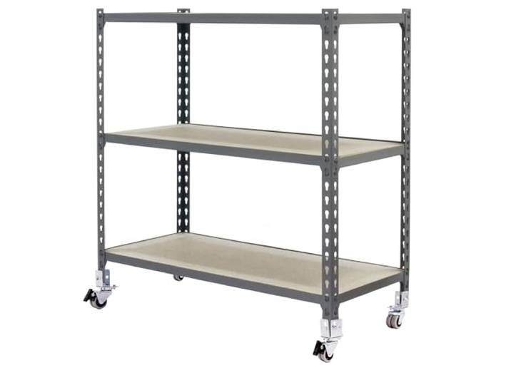 Simon Rack Metallregal mit Rollen 975x1100x300 mm - Maderclick 3 Höhen, Holzablage, Biegepunkt 75 kg, Korrosionsschutzlackierung, Klicksystem-Montage, Grau