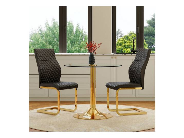 Fine Life Pro Essgruppe Tisch- und Stuhlset, Glas, goldene Stütze, Ø 85 cm, 2 schwarz-goldene Stühle, modern