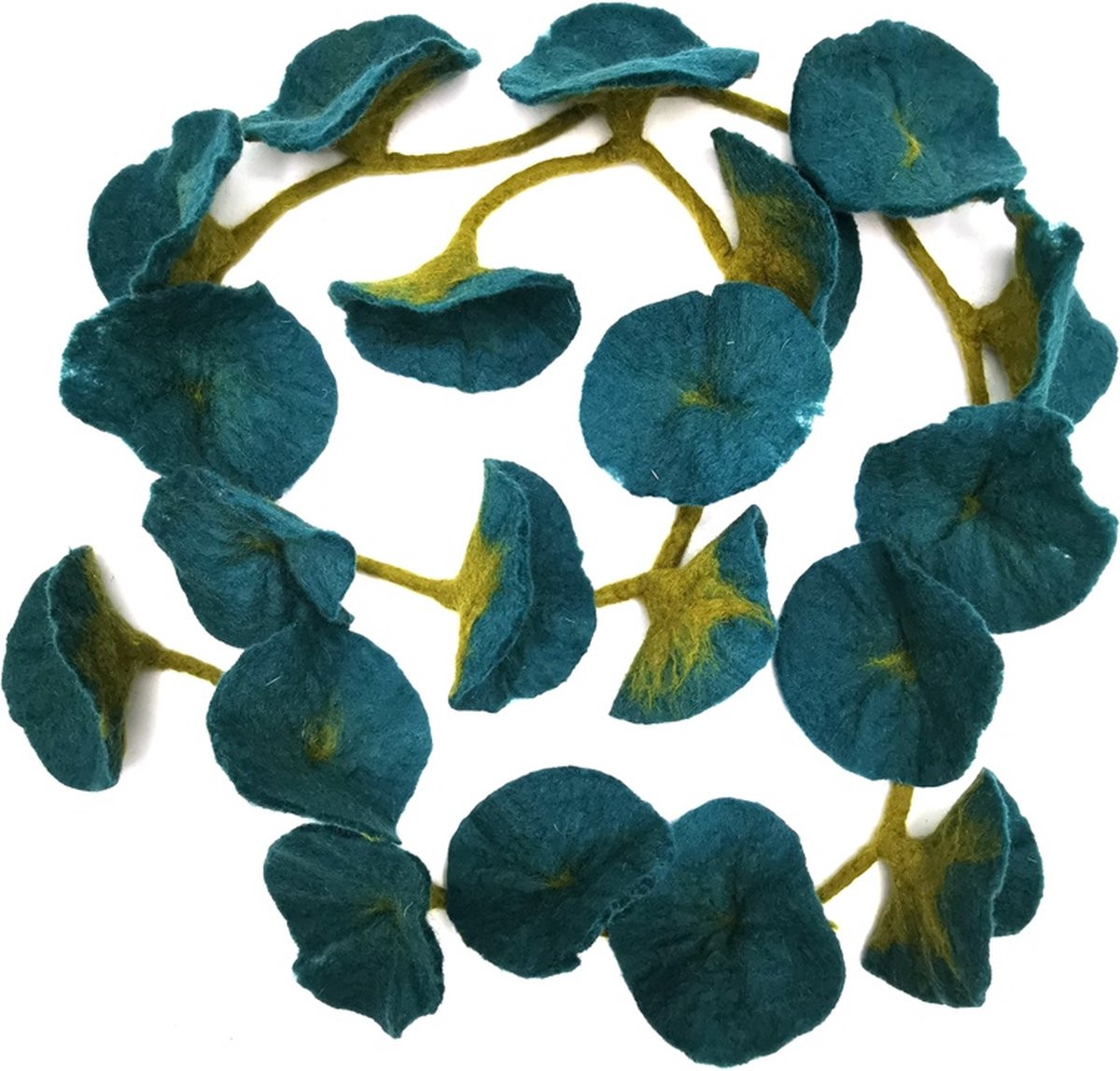 Handgemaakte vilten bloemenslinger Green meets Blue van 100% wol, 180 cm