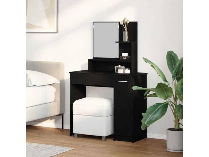 Schminktisch Schwarz Eichen-Optik 86.5 x 35 x 136 cm mit Spiegel Schwarz, Eichen-Optik, Holzwerkstoff, Spiegel, Schubladen, Schlafzimmer, moderne Optik, pflegeleichte Oberfläche