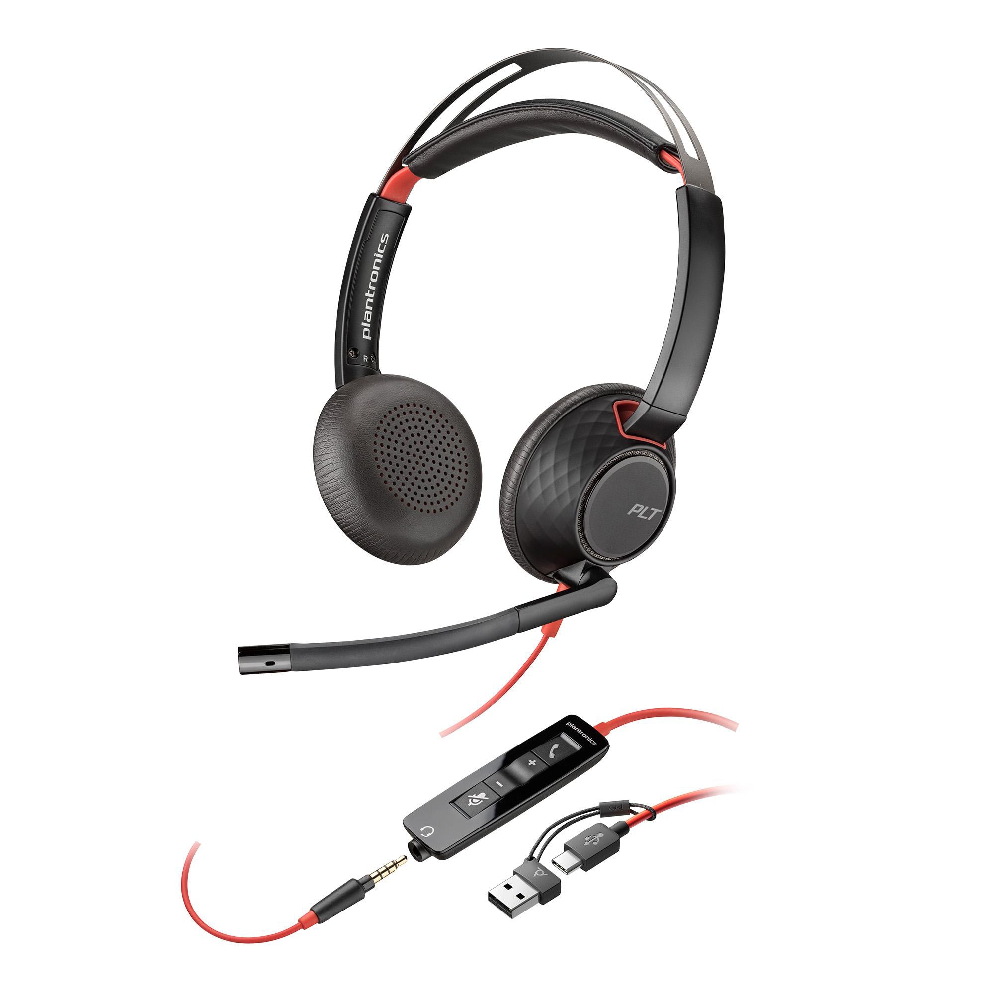 Poly Blackwire 5220 Schwarz Kabelgebundenes Stereo-Headset, USB-C/A und 3.5 mm Klinkestecker, unterstützt Poly Lens