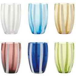Zafferano 6er-Set Gessato-Trinkgläser aus mundgeblasenem Glas mit vertikalem, weißem Glasrand, verschiedene Farben, handwerkliche Eleganz