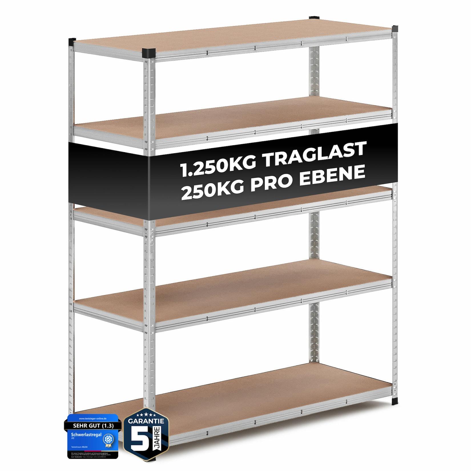 ALLSHELF Premium Schwerlastregal 180x150x60cm Silber – Bis 1250 kg belastbar, höhenverstellbar, Stecksystem, ideal für Lager, Garage & Keller
