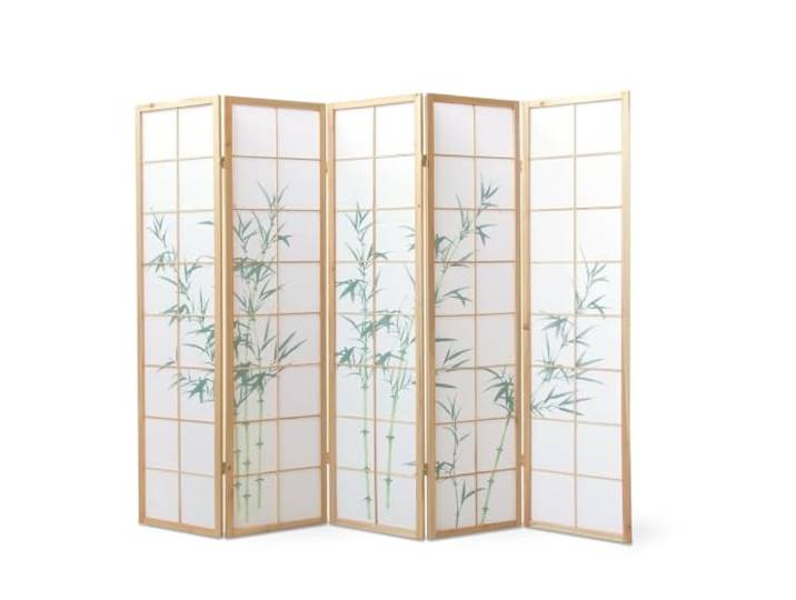 Homestyle4u Paravent Raumteiler mit Bambusmotiv 5-teilig Shoji-Stil Spanische Wand, Reispapier, 175 x 220 cm, blickdicht, schnell aufzustellen