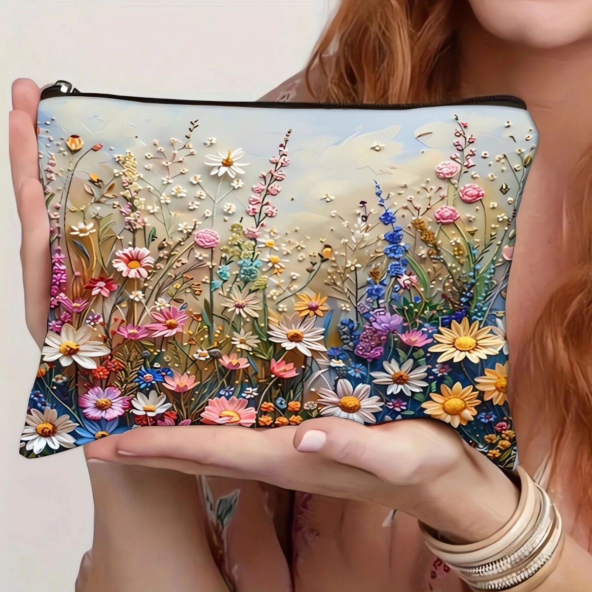 INF Mehrfarbige Canvas-Kosmetiktasche mit 2D-Digitaldruck, Blumenmuster in Stickerei-Optik und erweiterbarem Innenraum