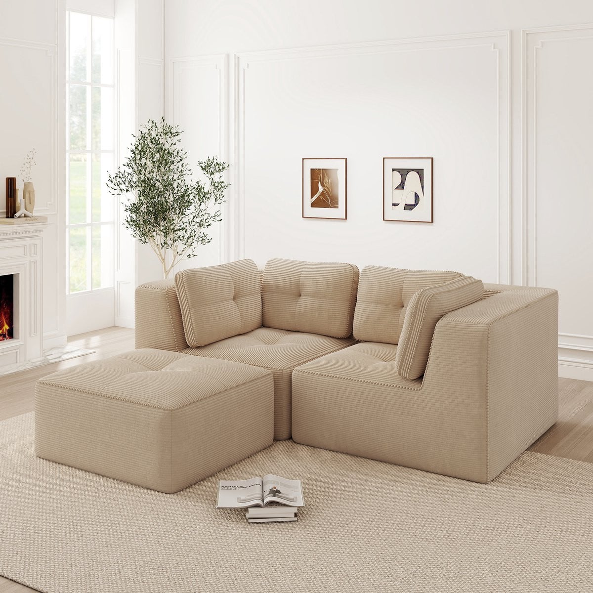 HAUSS SPOLE Hoekbank - Modulaire L-vormige Bank met Hocker - Cord Beige