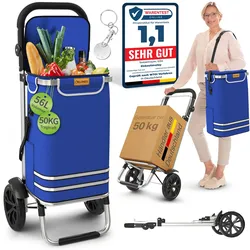 ELONEO Einkaufstrolley klappbar, Einkaufswagen mit Kühlfach, 3in1 Trolley, Shopping Trolley 56L & Umhängetasche - Blau