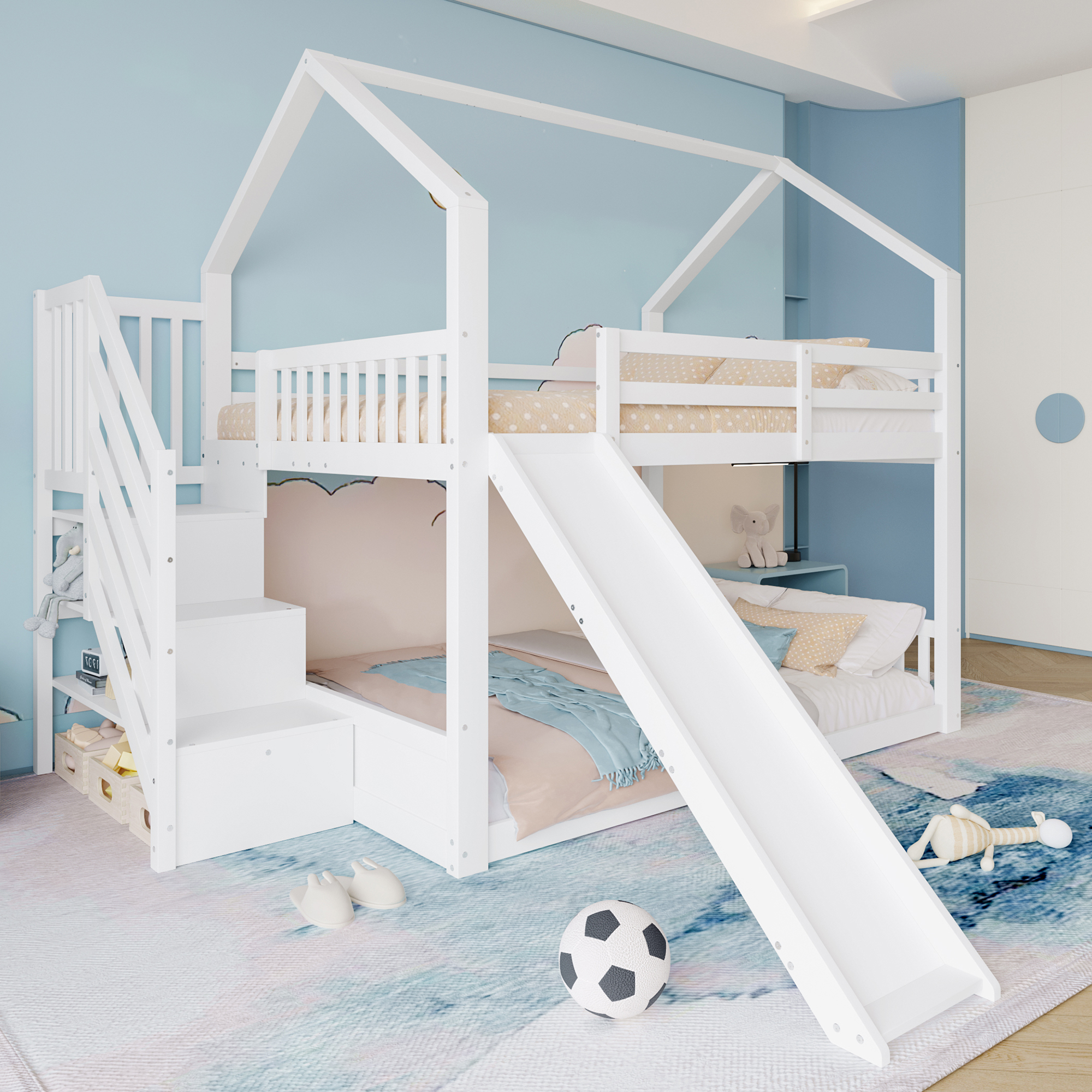 Flieks Etagenbett 140x200cm, Hochbett mit Treppe, Kinderbett mit Rutsche und Treppe, Hausbett mit Lattenrost, Massivholzbett Stockbett für Kinder
