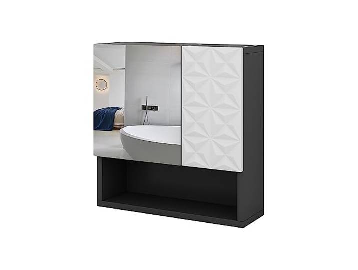Vicco Badspiegelschrank Edge , Schwarz 54 x 55 cm 2 Türen · 5 Ablagefächer · Offener & geschlossener Stauraum · Kosmetik griffbereit · Über dem Waschbecken