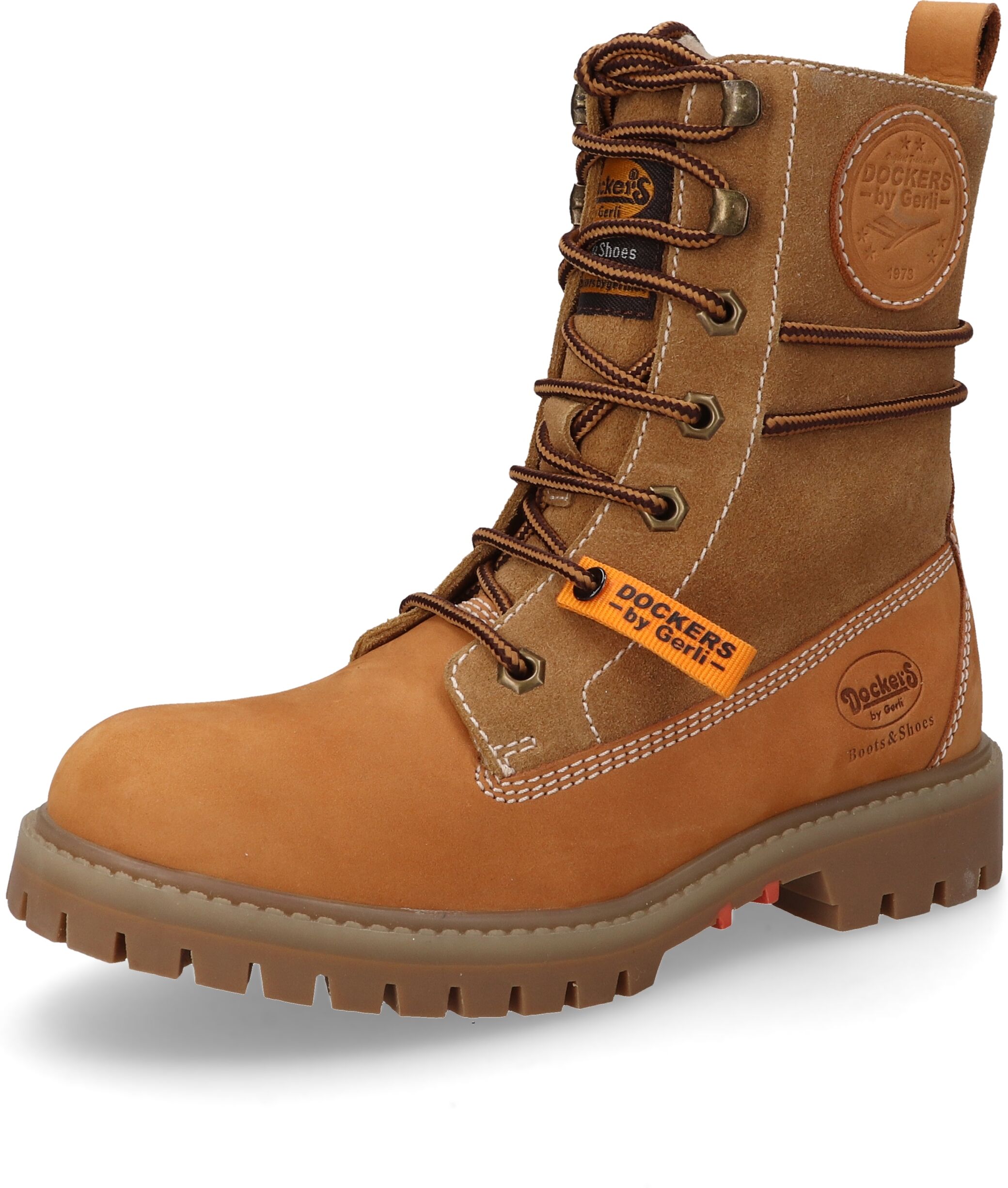 Schnürstiefel DOCKERS BY GERLI, Damen, Gr. 37, Warmfutter, golden, tan, Nubukleder, Schuhe Schnürstiefel, Boots, Casual Boots mit modischen Schnürsenkeln golden, tan 37, Warmfutter