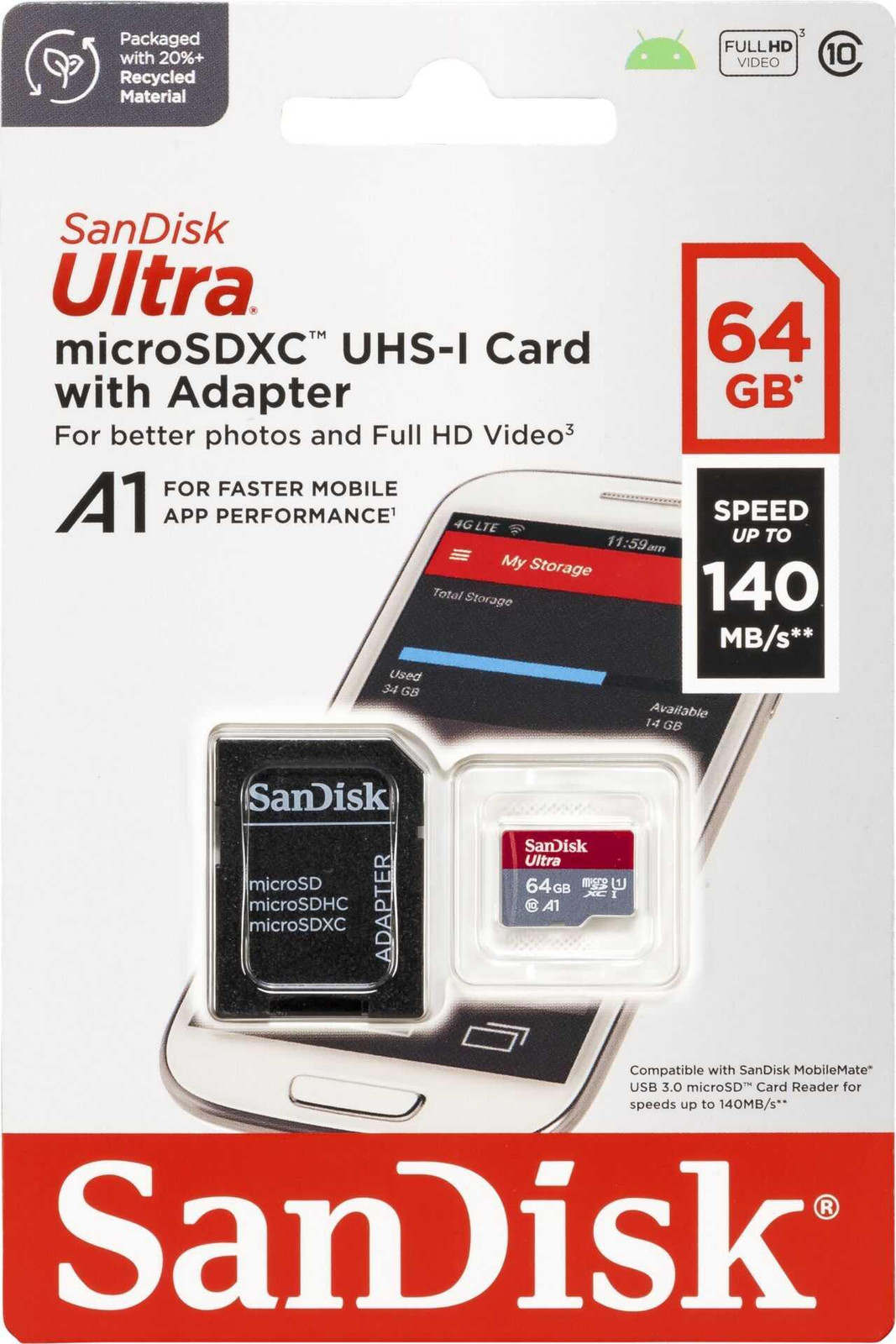SanDisk Ultra microSDXC A1 MicroSD-kaart, 64GB, 140MB/s, inclusief adapter