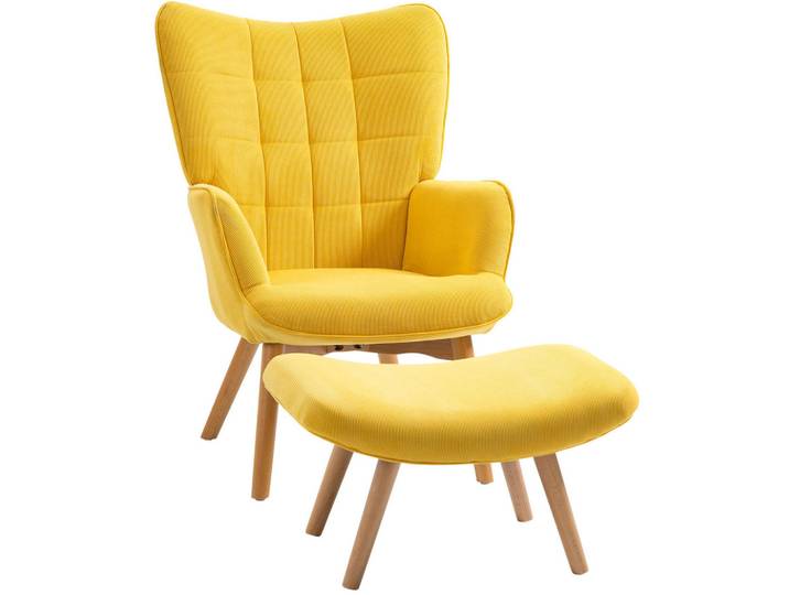 Redom Ohrensessel-Set mit Hocker Polyester, Buchenholzbeine 72/80/101 cm Gelb, 72x101x80 cm, Wohnzimmer, Sessel, Ohrensessel
