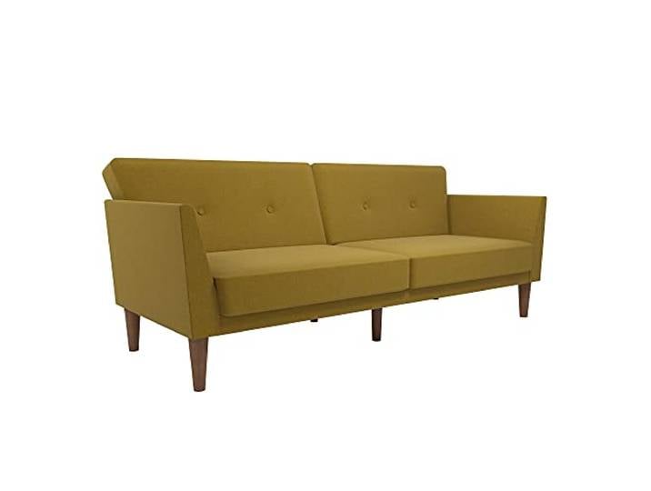 Regal Futon Schlafsofa, Senfgelb, Leinenbezug, 3‑Sitzer 205 x 86 x 81 cm