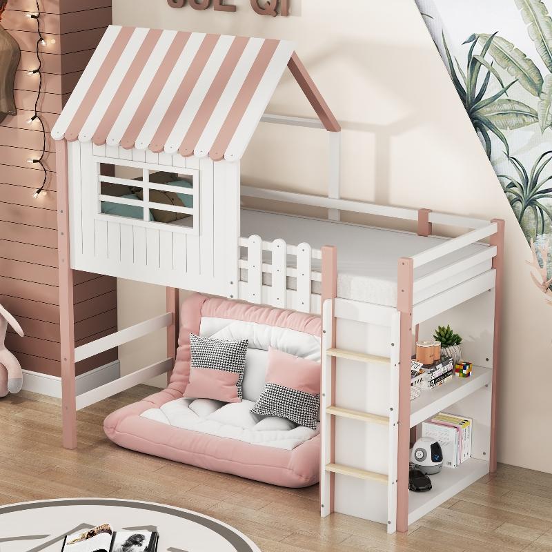 Kinderbett 90x200cm Hausbett mit Dachform, Massivholz Kinderbett rosa mit Sicherheitsleiter, Lattenrost und Stauraum für Kinderzimmer