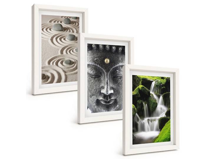BILDER SET 3er Set - 20x30 cm Weißer Rahmen - Der Frieden der Steine des Buda Zen-Wasserfalls
