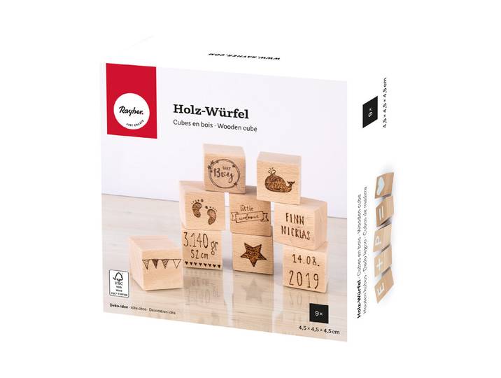 Holz Würfel, FSC 100%, 4,5x4,5x4,5cm, Box 9Stück