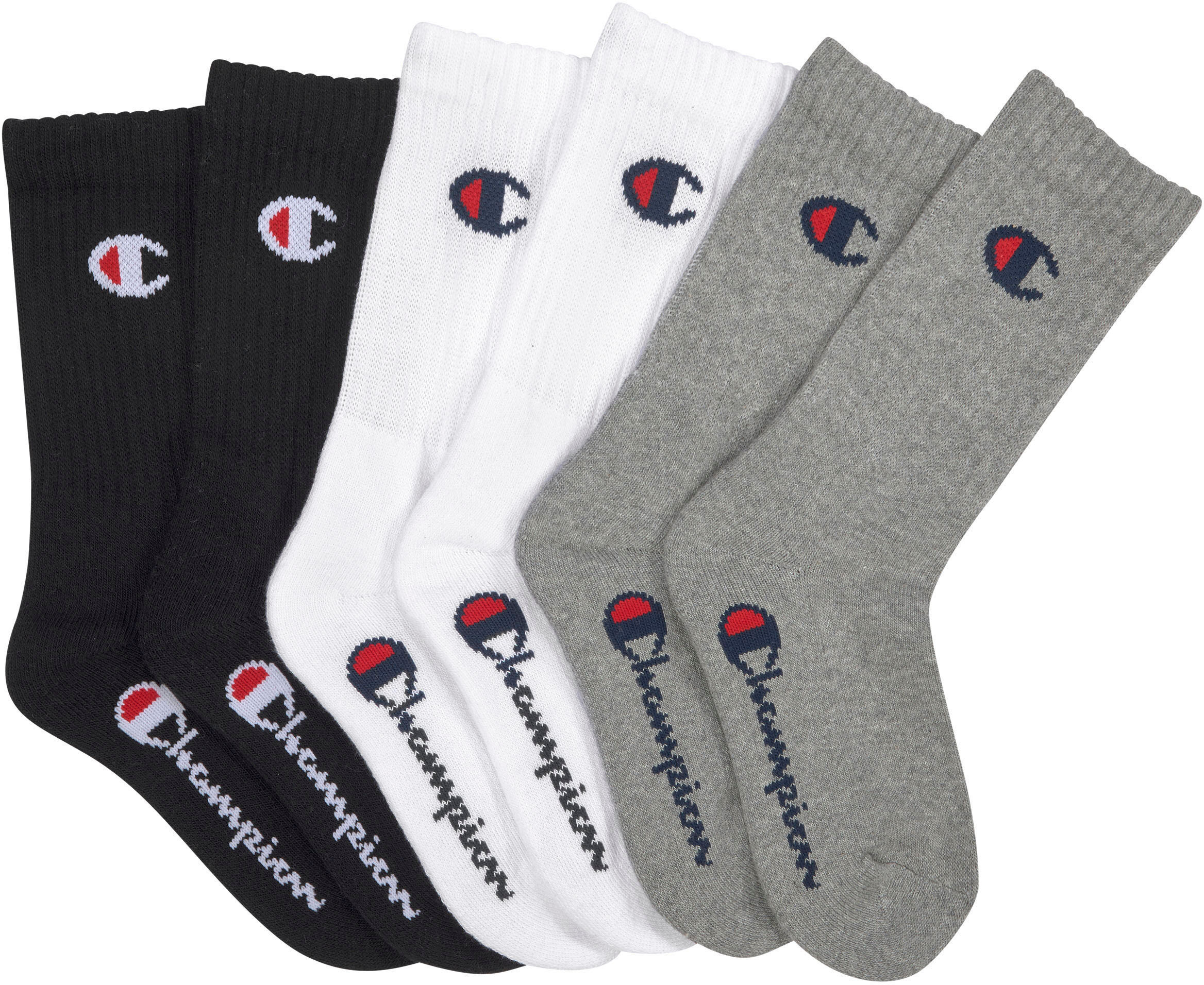 Sportsocken CHAMPION, Mädchen, Gr. 27-30, Sockengrösse, schwarz-weiss (2x grau, 2x schwarz, 2x weiß), Obermaterial: 70% Baumwolle, 28% Polyester, 2% Elasthan, Socken Sportsocken, für Kinder, 6er-Pack, mit sportlichem Stil 2x grau, 2x schwarz, 2x weiß 27-3