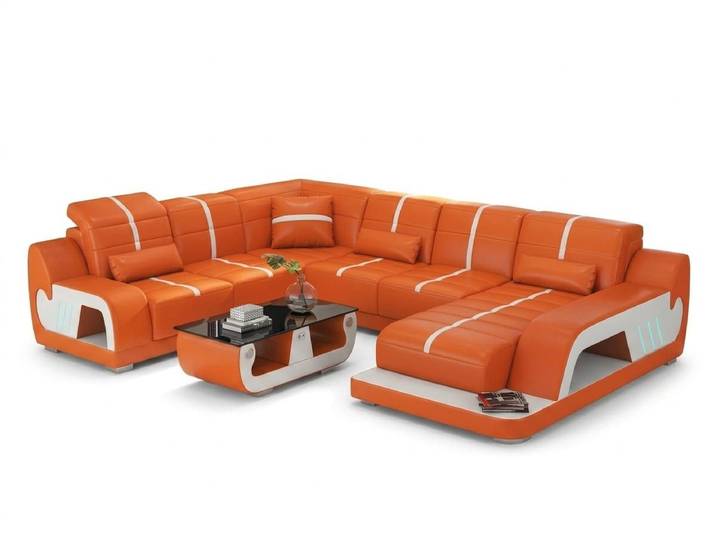 JVmoebel Wohnlandschaft Orangefarbenes U-förmiges Ecksofa aus Leder Couchtisch luxuriös *, 2 Teile, Ecksofa mit Couchtisch