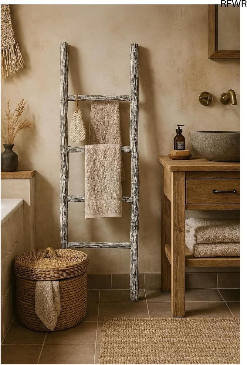 RFWR Houten Handdoekenladder voor Badkamer en Decoratie - 128 x 32 x 3 cm