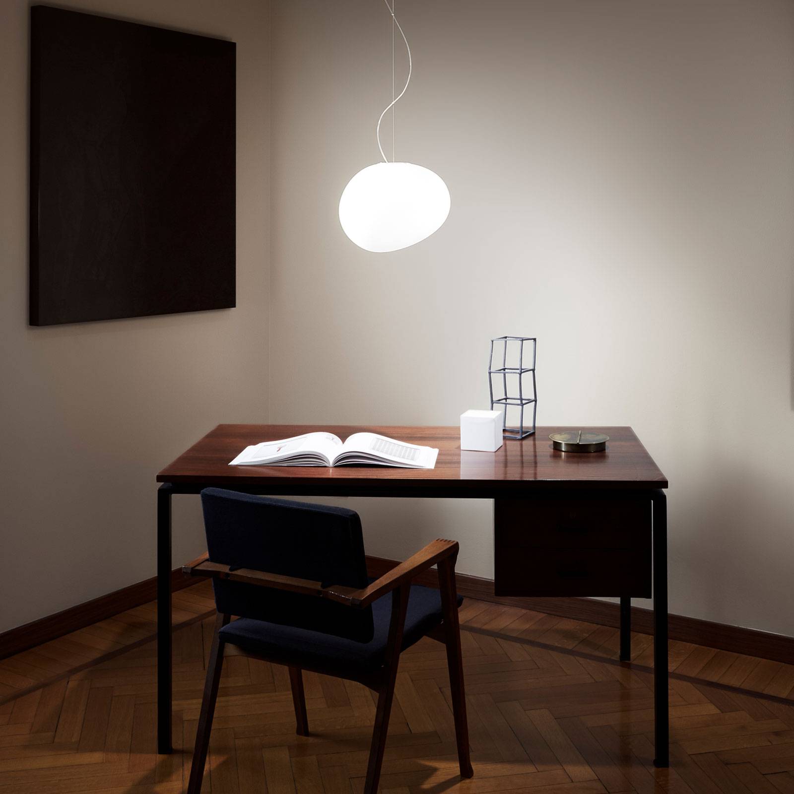 Foscarini Design-riippuvalaisin Gregg grande, himmennettävä, Valkoinen/opaali, Olohuone/ruokailutila, Lasi, Design